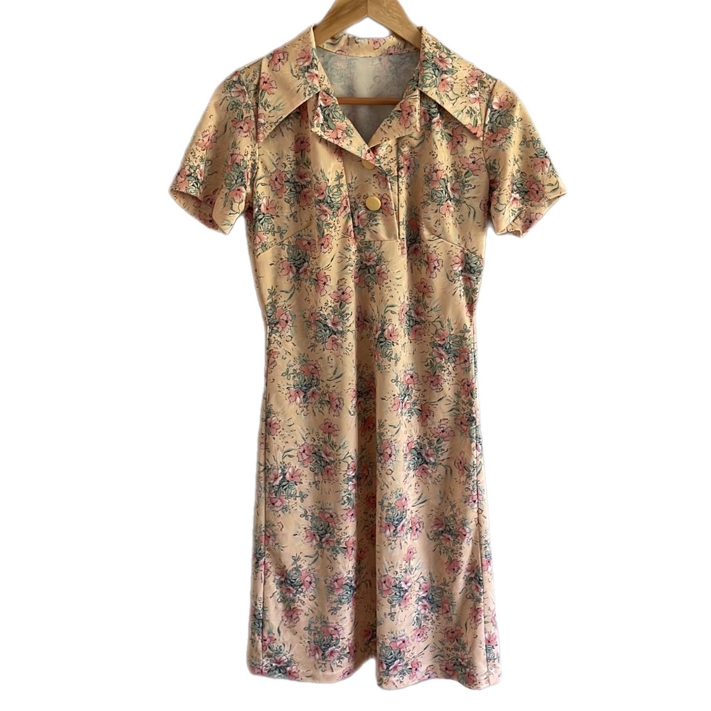 Vintage 80s Light Yellow Pink Floral Collared Shift Dress